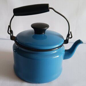 Mid Century Blue/Back Enameled Tea Pot W/Lid